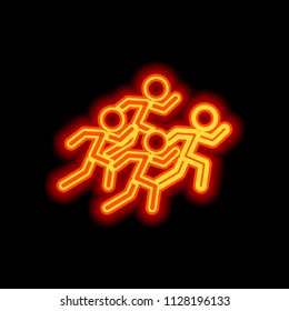 running people. team with leader. Orange neon style on black background. Light icon