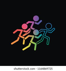 running people. team with leader. Rainbow color and dark background