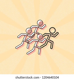 running people. team with leader. Vintage retro typography with offset printing effect. Dots poster with comics pop art background