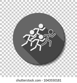 running people. team with leader. White flat icon with long shadow in circle on transparent background