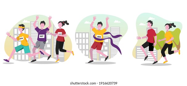 Running people vector cartoon illustrations set. Running marathon, winning marathon. Man and woman are running in the city park. Doing cardio, training, immunity strengthening concept.