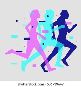 Running people vector illustration. Glitch.