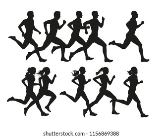 Running people, vector isolated silhouettes. Run, men and women