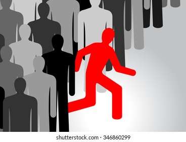 Running People In Vector. One Person Stands Out From The Crowd