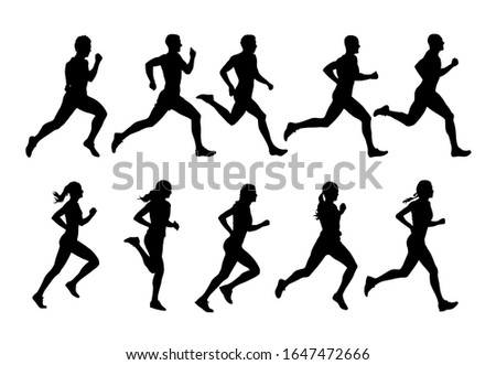 Running people, vector runners, group of isolated silhouettes, side view