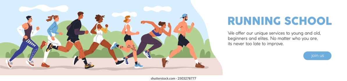 Running people, web banner design. Active joggers, runners in park, outdoor cardio event. Jogging and training school, sports activity, long advertising header background. Flat vector illustration.