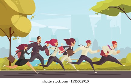 Running people who are late for work at urban skylines background cartoon vector illustration