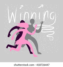 Running people with word "winning" on the background. Stock vector illustration.