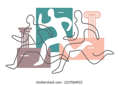Running people,marathon runners, line art stylized.
Stylized illustration with a continuous line drawing with three runners on a background with antique columns. Vector available.