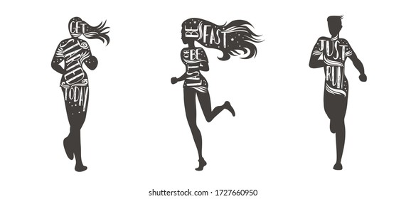 Running peoples. Motivational and inspirational illustration. Lettering. Sport/Fitness typographic poster.