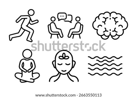 Running Person, Group Discussion, Brain, Meditation, Mindfulness, and Calmness Line Icons