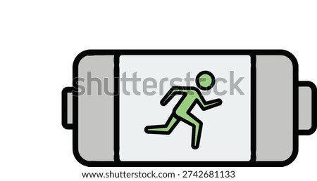 Running person inside a battery icon, symbolizing energy, power, speed, and endurance. Flat design, clean vector art with green and gray colors.