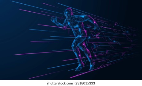 Running person leaves behind a trail of fragments and particles. Low-poly design of interconnected lines and dots.