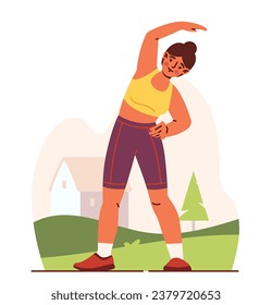 Running person outdoor. Young girl in sportive uniform stretching. Active lifestyle and sports. Graphic element for website. Cartoon flat vector illustration isolated on white background