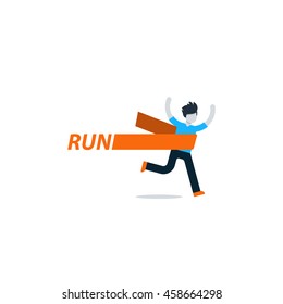 Running person and red ribbon, crossing finish line, first place winner, marathon competition, triathlon contest, sports activity event, vector flat illustration