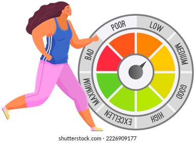 Running person and scale from bad speed to maximum, sport and workout. Time measurement of marathon. Progress and success towards goal. Result of efforts of person in training, his achievements
