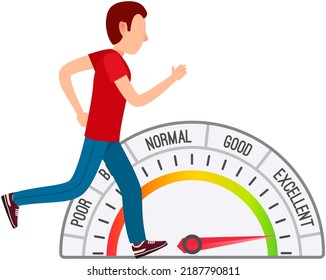 Running person and scale from poor speed to excellent, sport, workout. Time measurement, task completion speed. Progress and success towards goal. Result of efforts of person in training, achievements