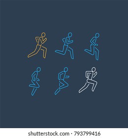 Running Person Side View Line Icon, Motion Sequence Set, Outline Runner Logo, Marathon And Triathlon Running Concept, Vector Thin Stroke Linear Design