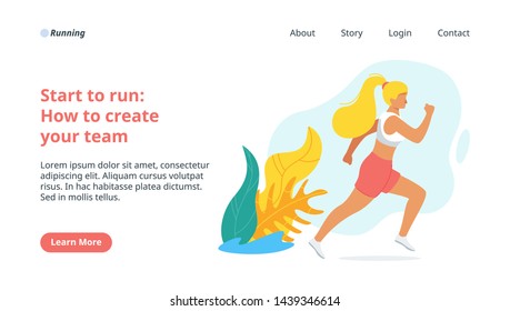 Running personal fitness vector landing page template. Blonde woman jogging, exercising cartoon illustration. Personal, online training blog flat concept. Runner, sportswoman working out