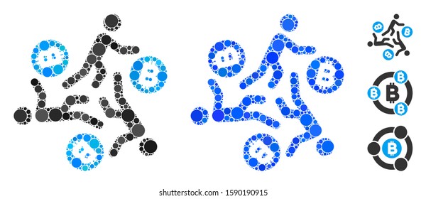 Running persons for Bitcoin composition of filled circles in various sizes and shades, based on running persons for Bitcoin icon. Vector filled circles are united into blue mosaic.