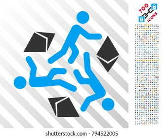 Running Persons For Ethereum icon with 700 bonus bitcoin mining and blockchain symbols. Vector illustration style is flat iconic symbols design for crypto currency apps.