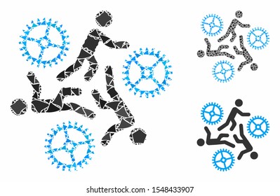 Running persons for gears composition of trembly parts in variable sizes and color tints, based on running persons for gears icon. Vector rugged dots are organized into collage.