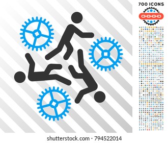 Running Persons For Gears icon with 700 bonus bitcoin mining and blockchain symbols. Vector illustration style is flat iconic symbols design for blockchain apps.