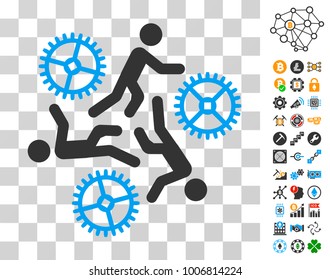 Running Persons For Gears icon with bonus bitcoin mining and blockchain images. Vector illustration style is flat iconic symbols. Designed for crypto currency websites.