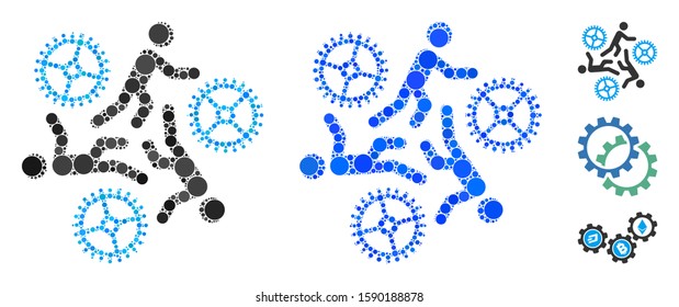 Running persons for gears mosaic of round dots in different sizes and color tints, based on running persons for gears icon. Vector round dots are combined into blue illustration.