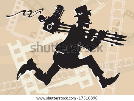 Running photographer in retro style with old-time camera on tripod