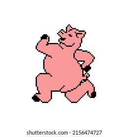 Running pig pixel art. 8 bit swine run. pixelated Vector illustration
