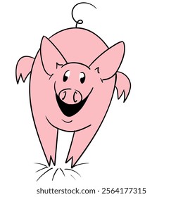 A running pig seen from the front with a big smile and a very funny cartoon style.