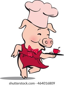 running pig with a tray and a cup of coffee