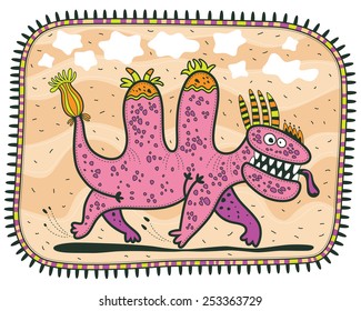 Running a pink dragon with his tongue hanging out under white clouds on a light  yellow background