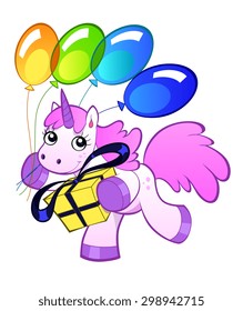 Running pink unicorn with a several rainbow color balloons and gift.