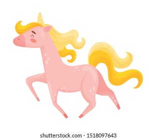 Running Pink Unicorn With Waving Golden Mane And Tail Vector Illustration