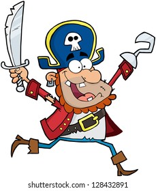 Running Pirate Holding Up A Sword And Hook