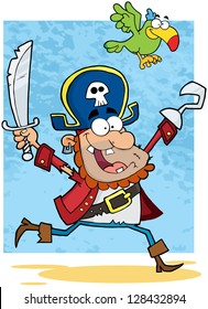 Running Pirate Holding Up A Sword And Hook With Parrot