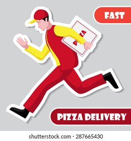 Running a pizza delivery man boy sticker stylized red orange yellow colors vector illustration