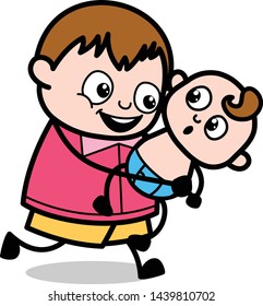 Running and Playing with Baby - Teenager Cartoon Fat Boy Vector Illustration