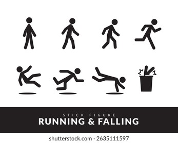 The Running Pose and falling pose. Isolated Vector Illustration. Stick Figure Illustration.