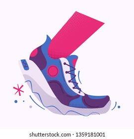 Running poster. Cartoon vector illustration. Flat style. Run club. Runner foot. Fast running sneakers. Sport activity. Healthy life concept.