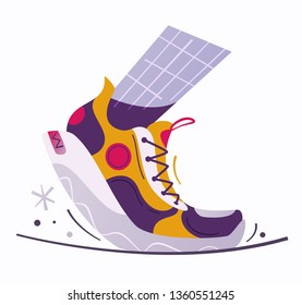 Running poster. Cartoon vector illustration. Flat style. Run club. Runner foot. Fast running sneakers. Sport activity. Healthy life concept.