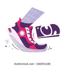 Running poster. Cartoon vector illustration. Flat style. Run club. Runner foot. Fast running sneakers. Sport activity. Healthy life concept.