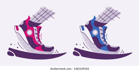 Running poster. Cartoon vector illustration. Flat style. Run club. Runner foot. Fast running sneakers. Sport activity. Healthy life concept.