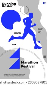 Running poster design with abstract geometry design illustration. with blue and grey saturated colors. run poster. Marathon. City marathon.