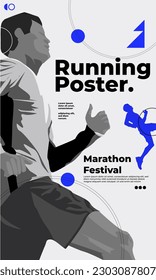 Running poster design with abstract geometry design illustration. with blue and grey saturated colors. run poster. Marathon. City marathon.