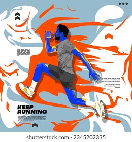 Running poster design with blue runner's realism vector design illustration. with orange fire saturated color. run poster. marathon. city marathon. street art. sports poster.