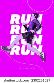 Running poster design with runner's colorful design illustration. with blue and purple saturated colors. run poster. Marathon. City marathon.