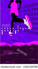 Running poster design with runner's Legs on Black and colorful design illustration. with purple and blue saturated color.run poster. marathon. city marathon.